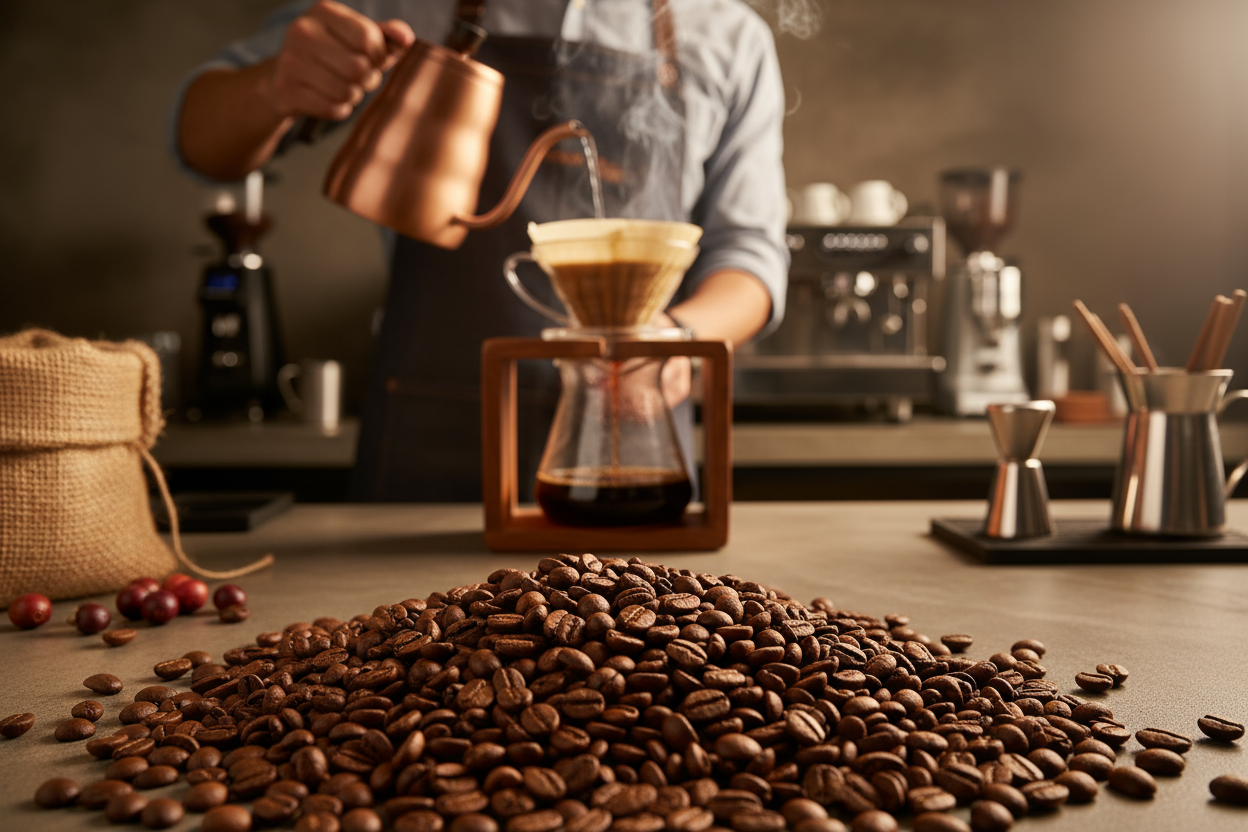 Café de especialidad siendo preparado, que se noten los granos como una imagen profesional en alta calidad 